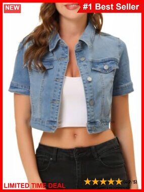 Womens Cropped Denim Jacket Short Sleeve Cotton Blend Jean Jacket